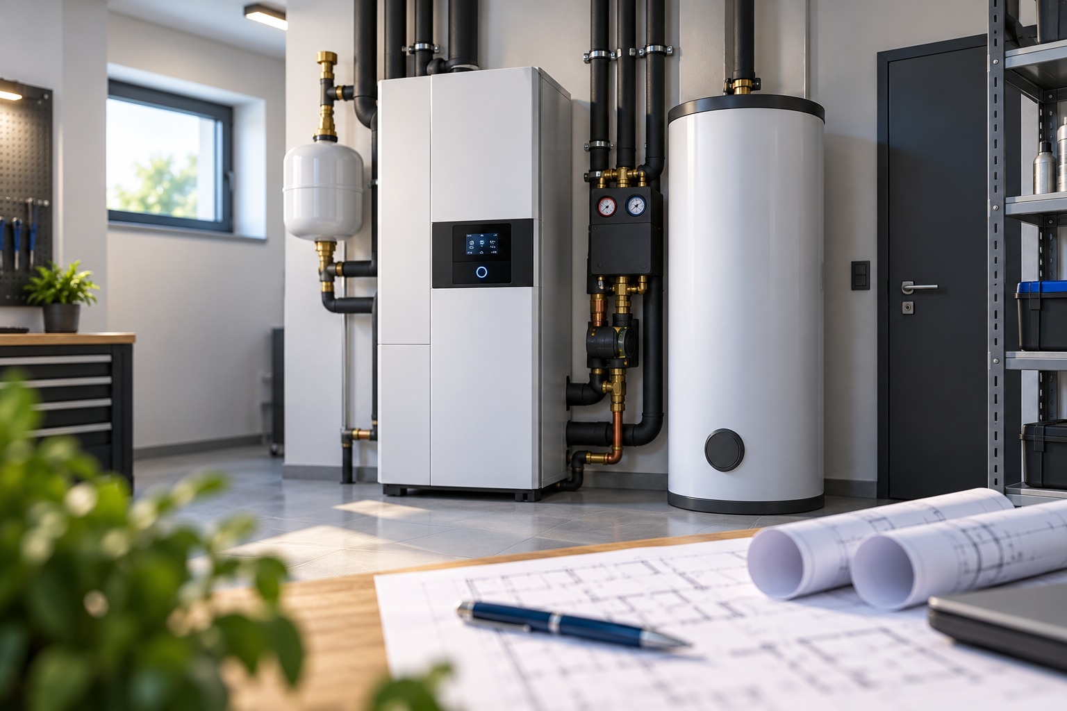 Wärmepumpen-Innengerät mit Warmwasserspeicher im Technikraum eines Wohnhauses
