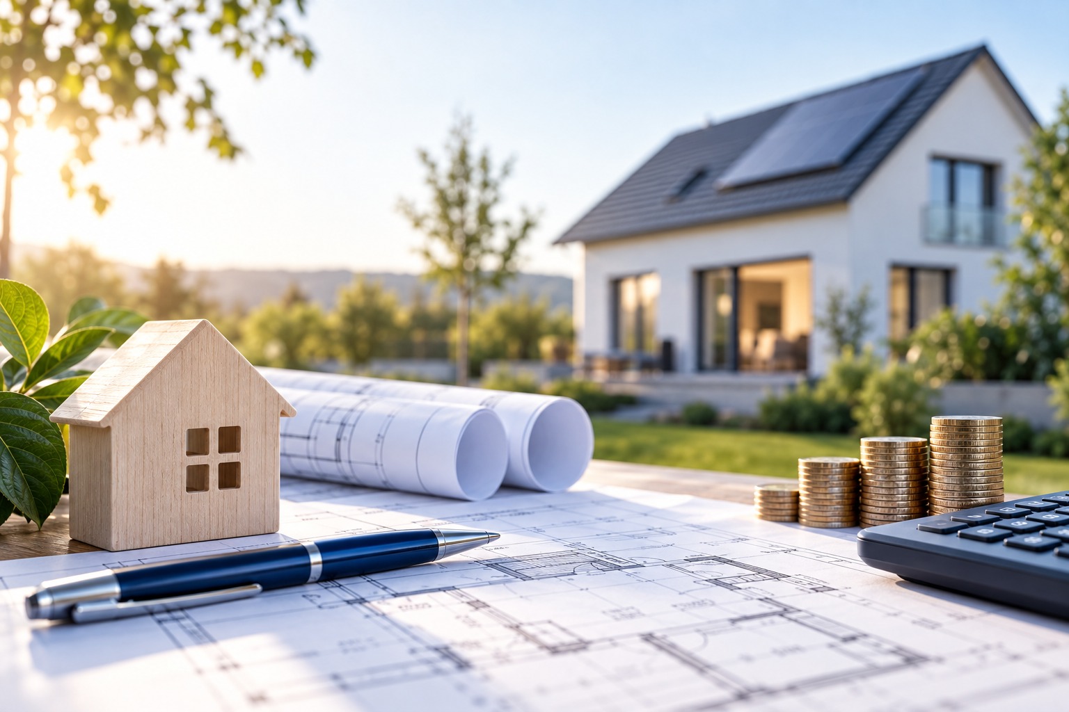 Bauplan mit Hausmodell, Münzstapeln und Taschenrechner