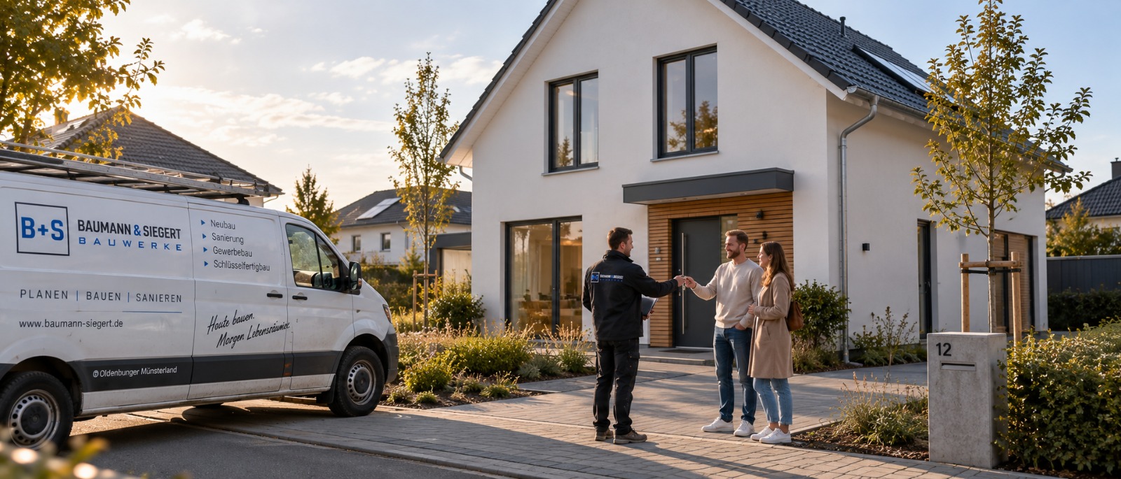 Schlüsselübergabe an einem fertiggestellten Einfamilienhaus im Oldenburger Münsterland