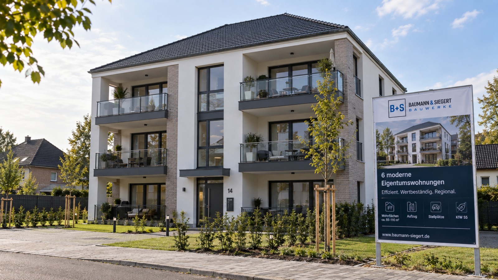 Fertiggestelltes Mehrfamilienhaus mit sechs Eigentumswohnungen im KfW-55-Standard