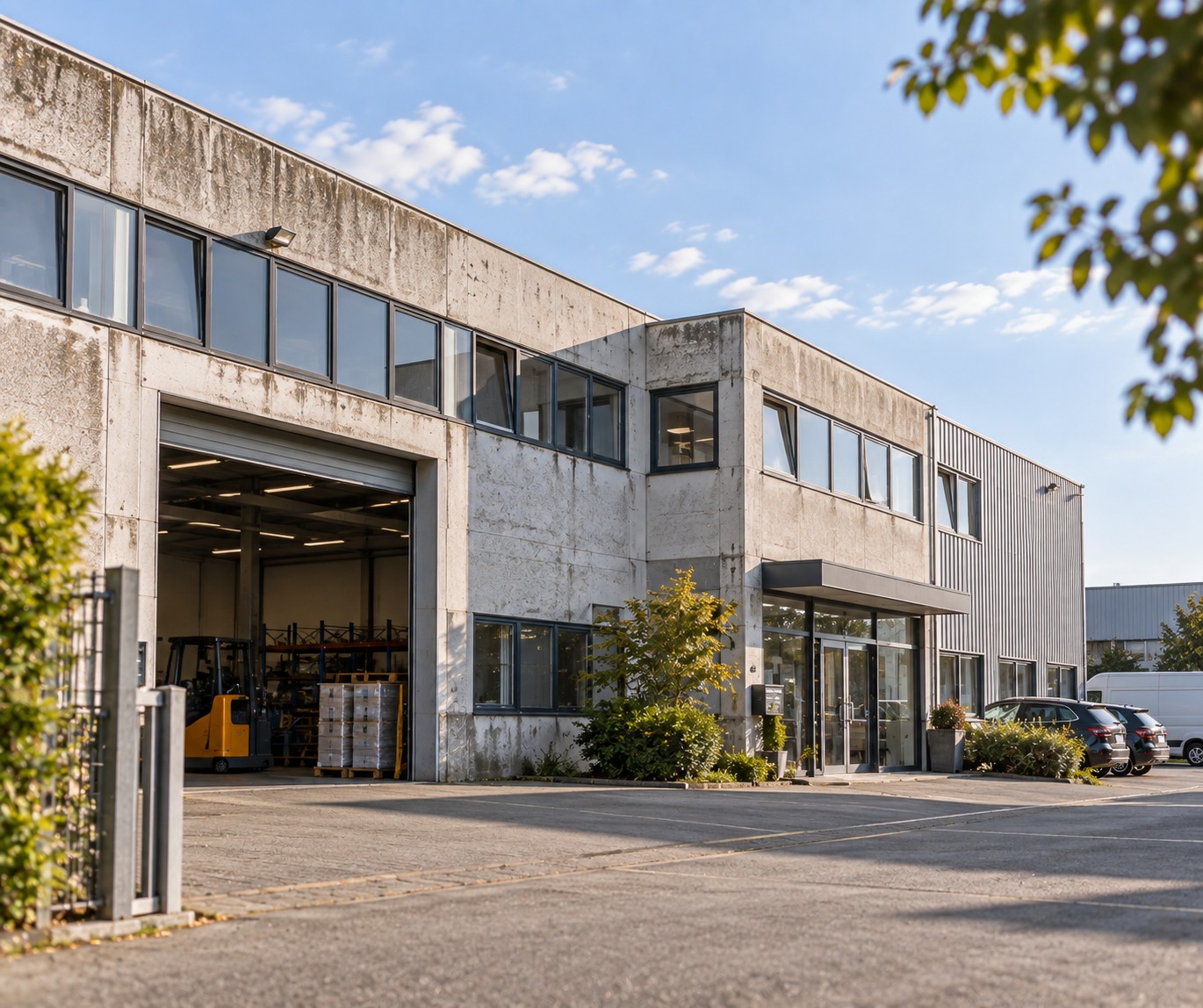Gewerbeobjekt mit Halle, Büroteil und Betonfassade — Sanierung bei laufendem Betrieb
