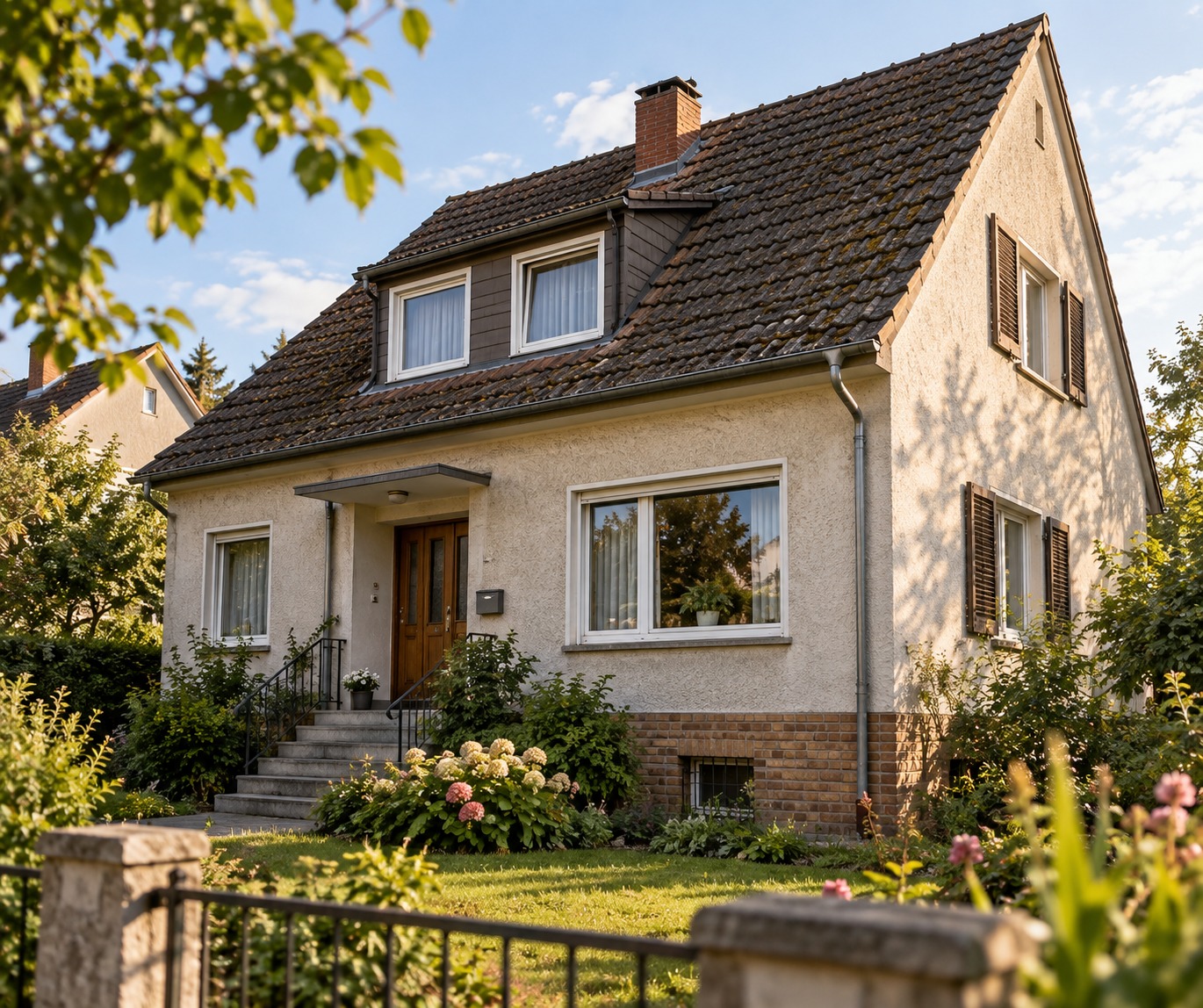 Freistehendes Einfamilienhaus mit Satteldach und Putzfassade — typisches Sanierungsobjekt im Bestand